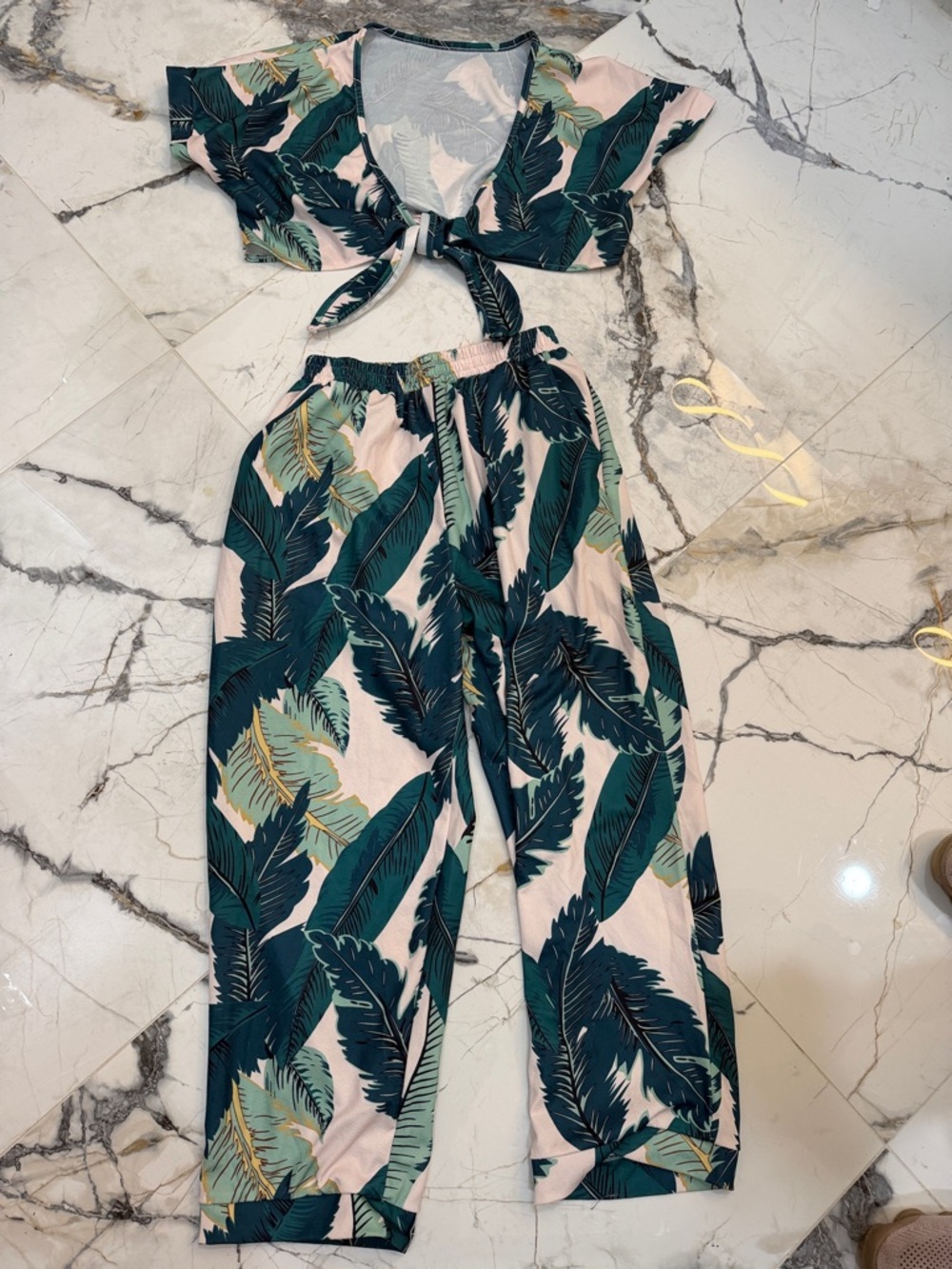 Tropical Leaf Tie-Front Jumpsuit Pants Set - Green & Pink Large
